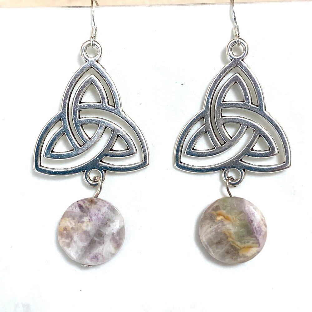 2/$20, Genuine Purple Opalized Fluorite Triqueta Sterling Silver Earrings